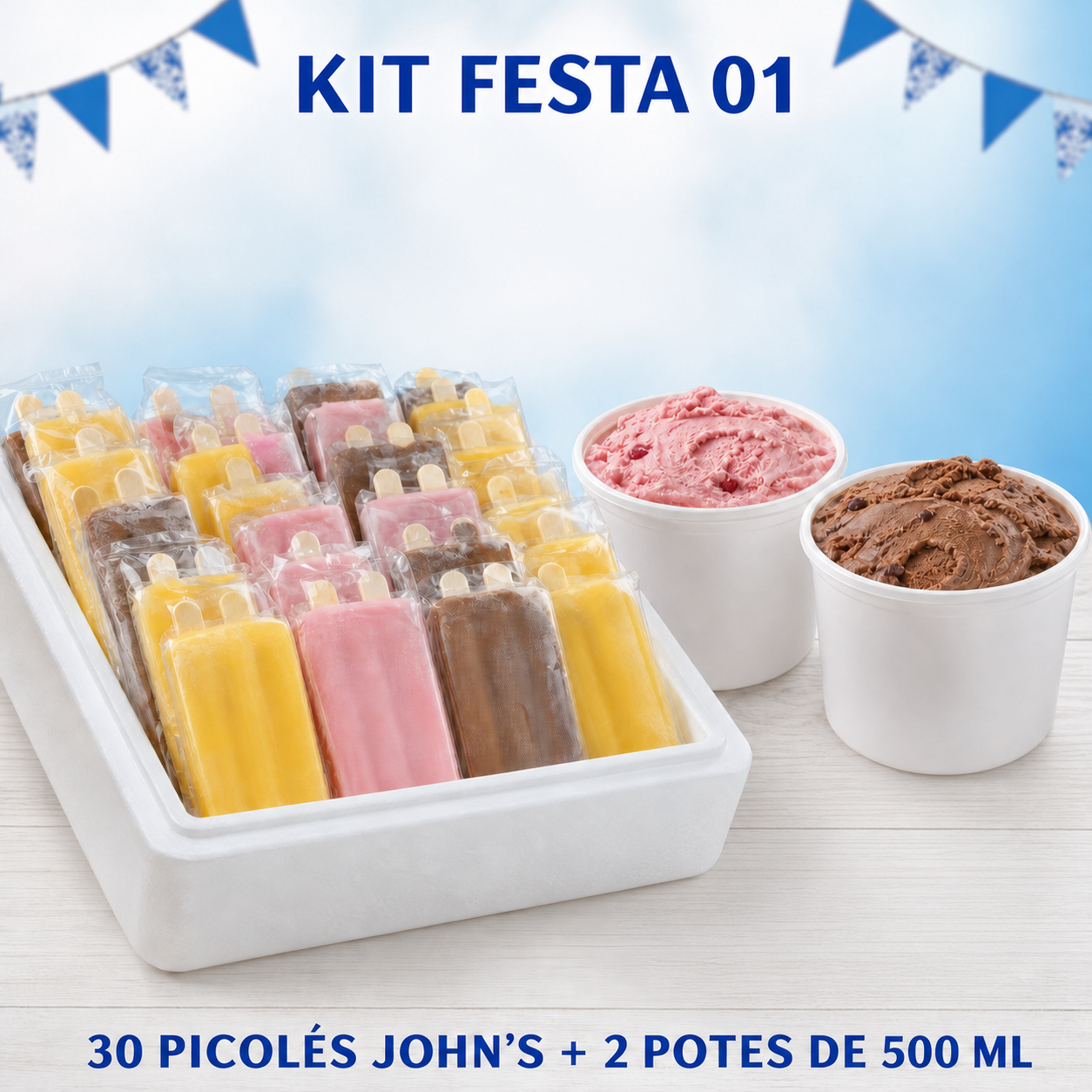 Kit Festa 01 com 30 Picolés John’s e 2 potes de 500 ml