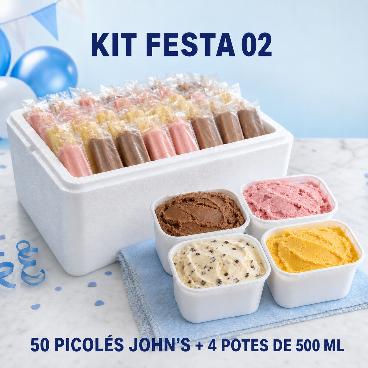 Kit Festa 02 com 50 Picolés John’s e 4 potes de 500 ml