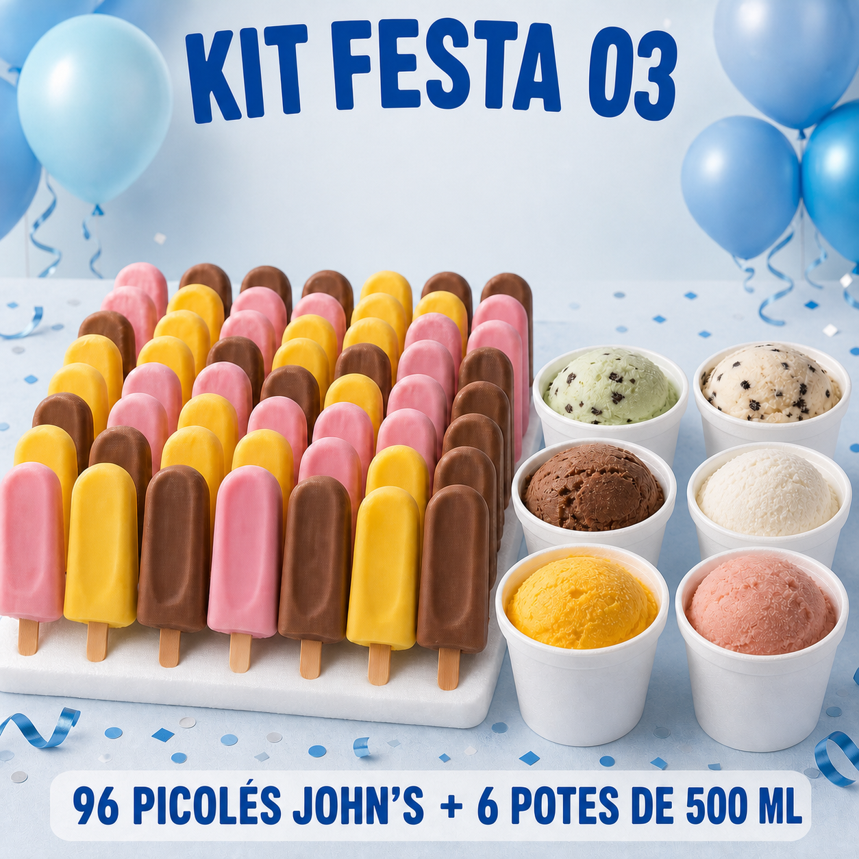 Kit Festa 03 com 96 Picolés John’s e 6 potes de 500 ml